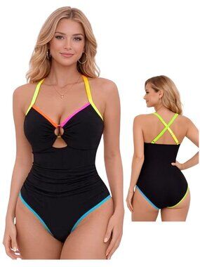 Large Blooming Jelly Neon Black Tummy Control Mesh Lining V Neck Swimsuit NWT
